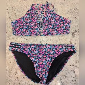 No Boundaries Floral Ladder-Strap Bikini Top & Bottom in Black, Pink, Teal